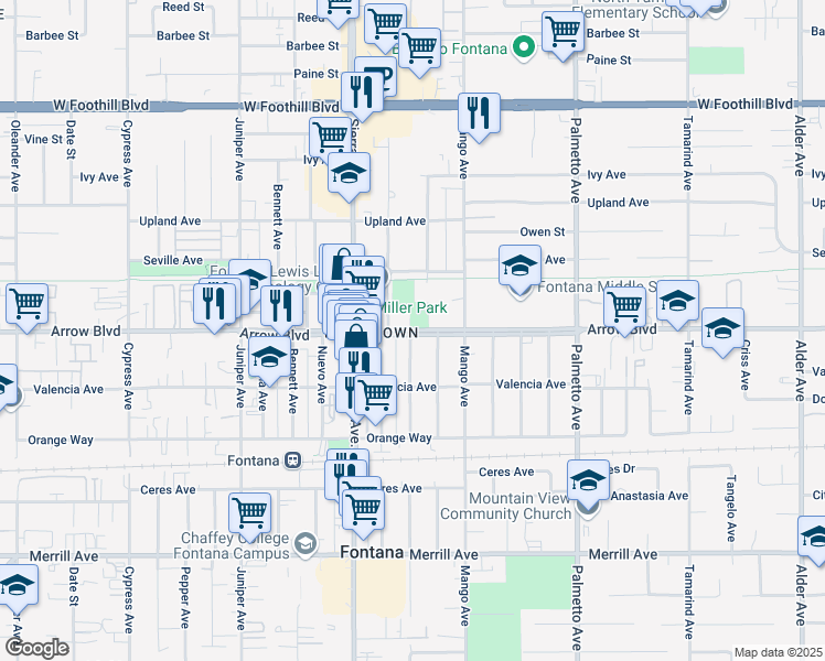 map of restaurants, bars, coffee shops, grocery stores, and more near 17004 Arrow Boulevard in Fontana