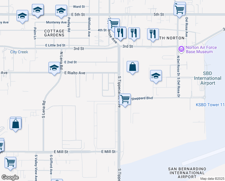 map of restaurants, bars, coffee shops, grocery stores, and more near 224 South Golden Avenue in San Bernardino