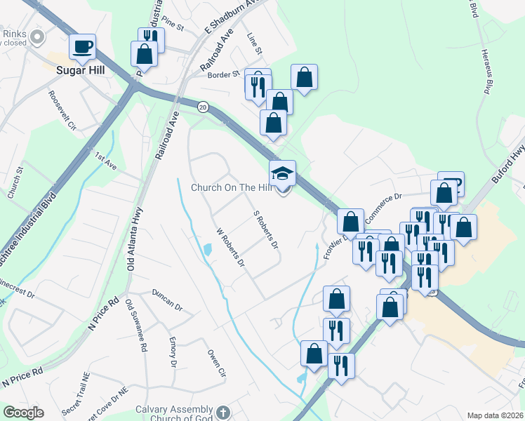 map of restaurants, bars, coffee shops, grocery stores, and more near 4571 S Roberts Dr in Sugar Hill