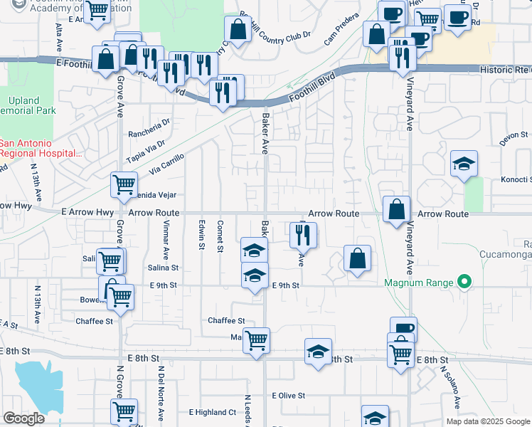 map of restaurants, bars, coffee shops, grocery stores, and more near Arrow Route & Baker Ave in Rancho Cucamonga
