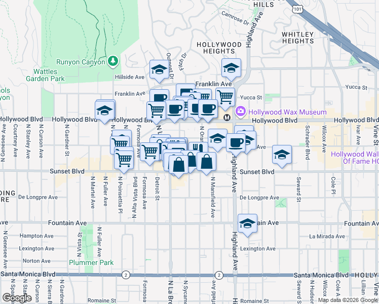 map of restaurants, bars, coffee shops, grocery stores, and more near 7027 Lanewood Avenue in Los Angeles