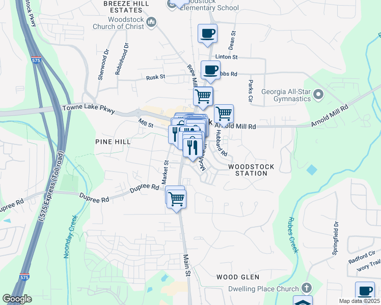 map of restaurants, bars, coffee shops, grocery stores, and more near 315 Chambers Street in Woodstock