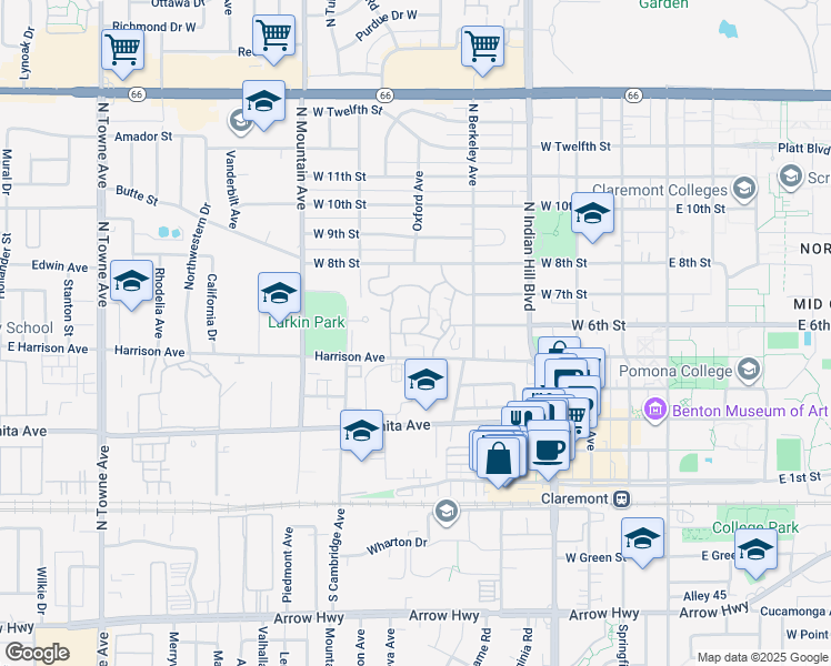 map of restaurants, bars, coffee shops, grocery stores, and more near 660 Avery Road in Claremont