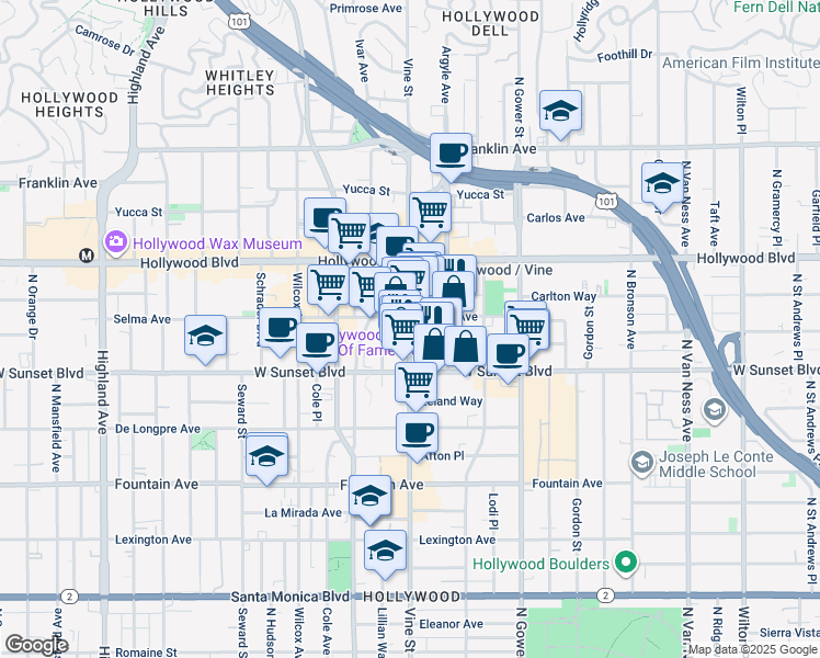 map of restaurants, bars, coffee shops, grocery stores, and more near 1558 Vine Street in Los Angeles