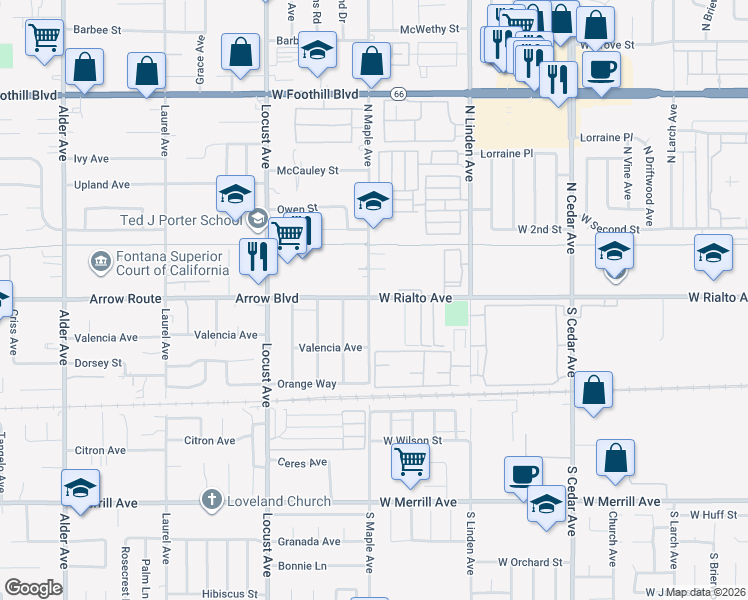 map of restaurants, bars, coffee shops, grocery stores, and more near 18276 Arrow Boulevard in Fontana
