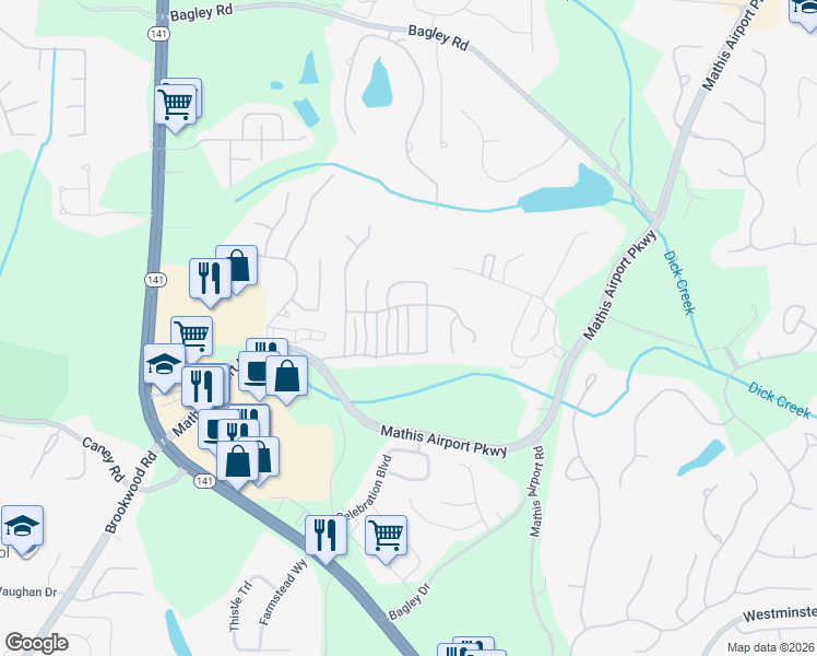 map of restaurants, bars, coffee shops, grocery stores, and more near 3370 Tanager Court in Cumming