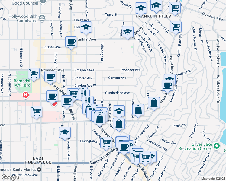 map of restaurants, bars, coffee shops, grocery stores, and more near 4107 Cumberland Avenue in Los Angeles