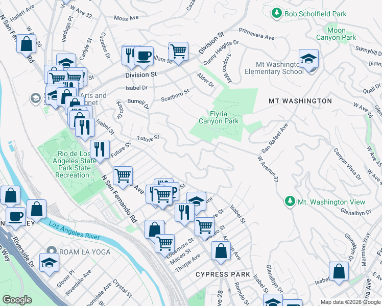 map of restaurants, bars, coffee shops, grocery stores, and more near 1325 Cliff Drive in Los Angeles