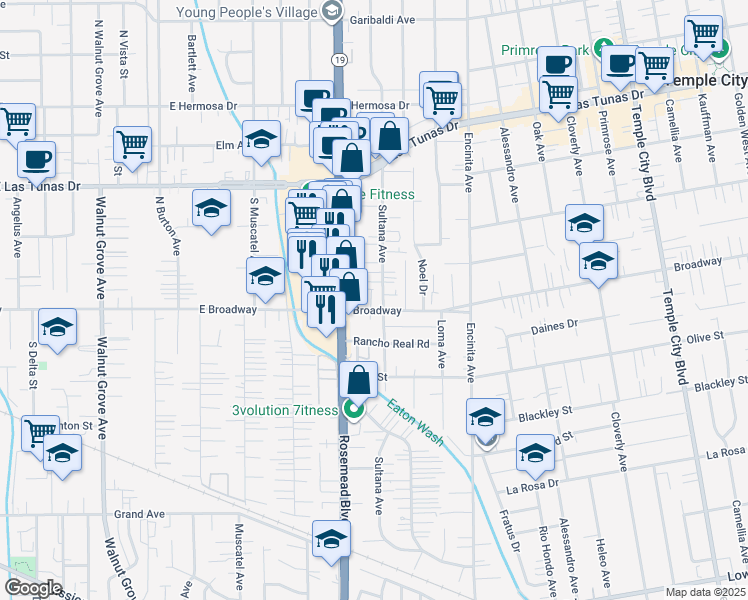 map of restaurants, bars, coffee shops, grocery stores, and more near 9031 Broadway in Temple City