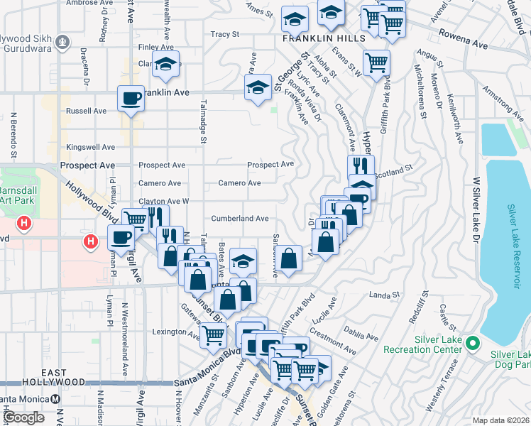 map of restaurants, bars, coffee shops, grocery stores, and more near 4021 Cumberland Avenue in Los Angeles