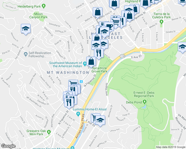 map of restaurants, bars, coffee shops, grocery stores, and more near 4655 North Figueroa Street in Los Angeles