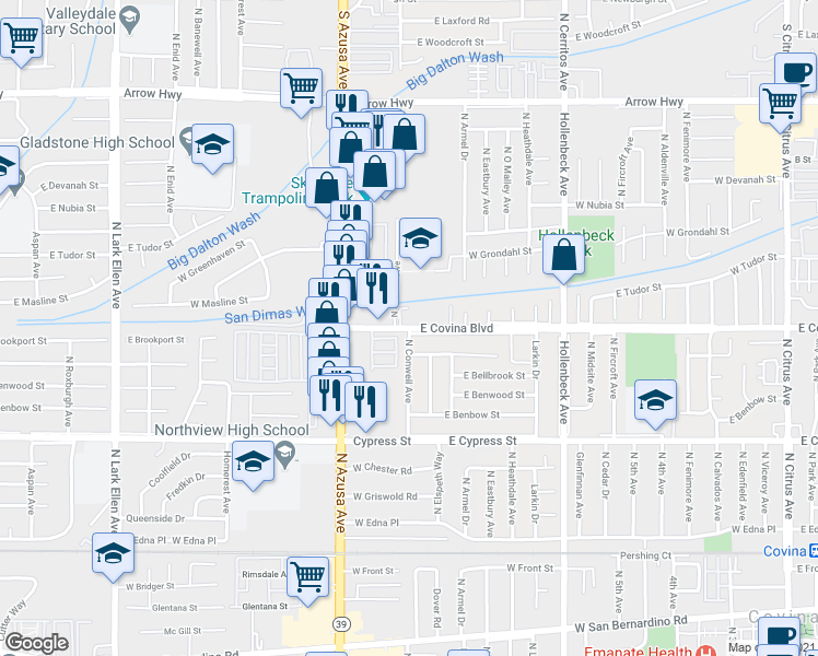 map of restaurants, bars, coffee shops, grocery stores, and more near East Covina Boulevard & North Conwell Avenue in Covina