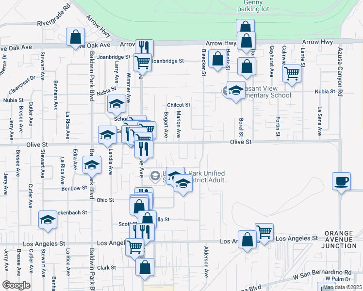 map of restaurants, bars, coffee shops, grocery stores, and more near 14608 Vía El Camino in Baldwin Park