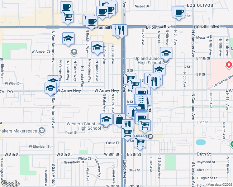 map of restaurants, bars, coffee shops, grocery stores, and more near 92 West Arrow Highway in Upland