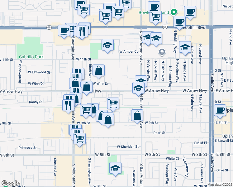 map of restaurants, bars, coffee shops, grocery stores, and more near 960 West Arrow Highway in Upland