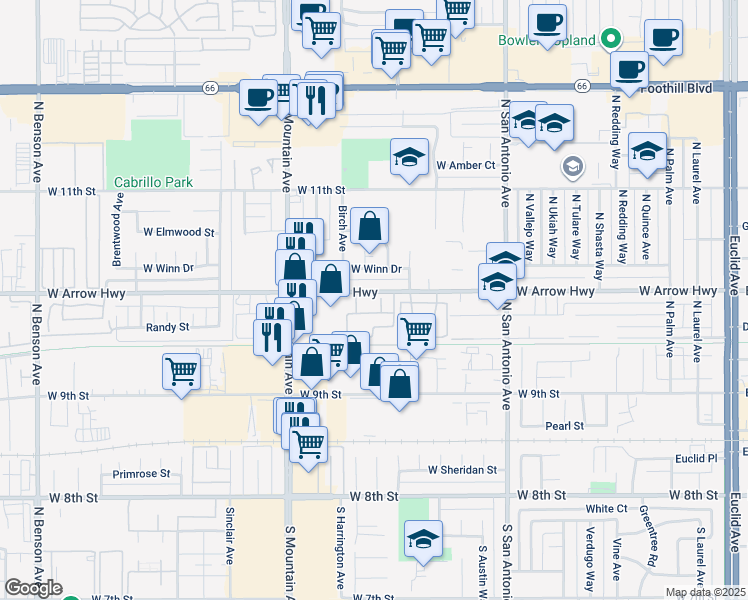 map of restaurants, bars, coffee shops, grocery stores, and more near 1030 West Arrow Highway in Upland
