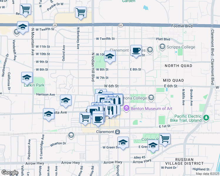map of restaurants, bars, coffee shops, grocery stores, and more near 537 North Yale Avenue in Claremont