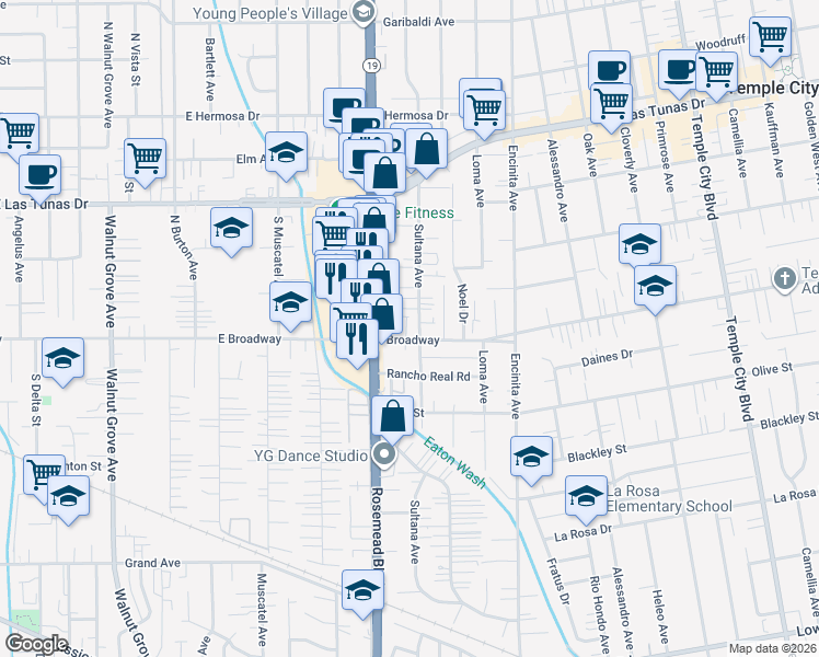 map of restaurants, bars, coffee shops, grocery stores, and more near 9031 Broadway in Temple City