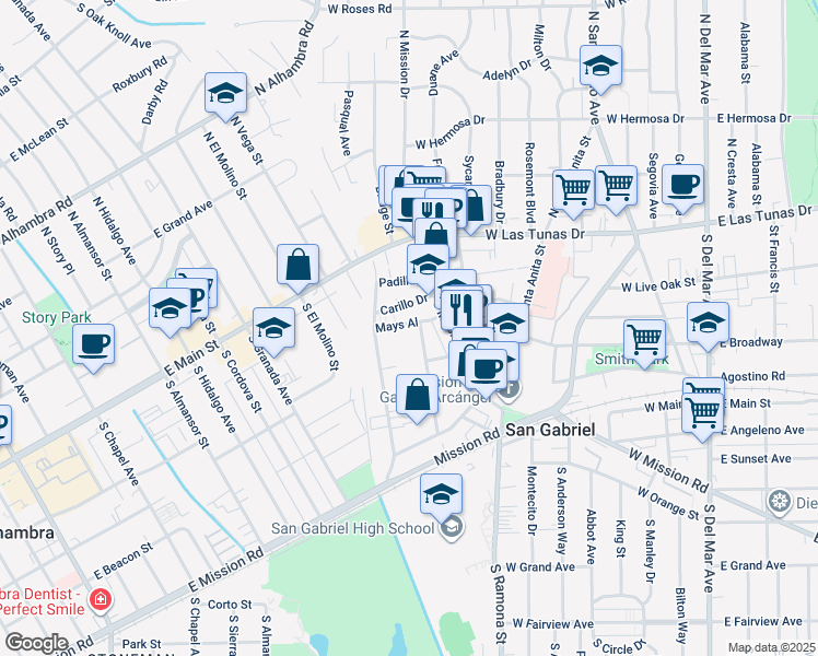 map of restaurants, bars, coffee shops, grocery stores, and more near 241 San Marcos Street in San Gabriel