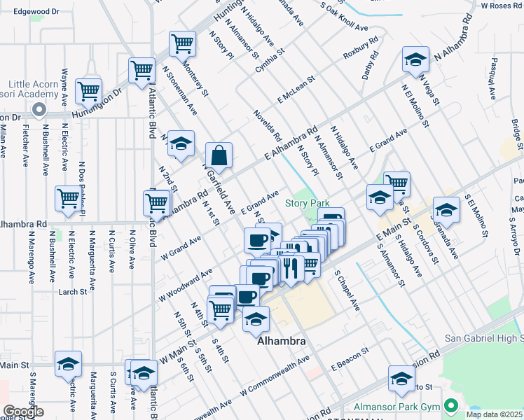 map of restaurants, bars, coffee shops, grocery stores, and more near 338 North Stoneman Avenue in Alhambra