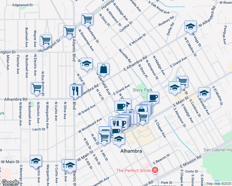 map of restaurants, bars, coffee shops, grocery stores, and more near 1 East Grand Avenue in Alhambra