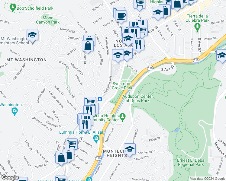 map of restaurants, bars, coffee shops, grocery stores, and more near 4653 North Figueroa Street in Los Angeles