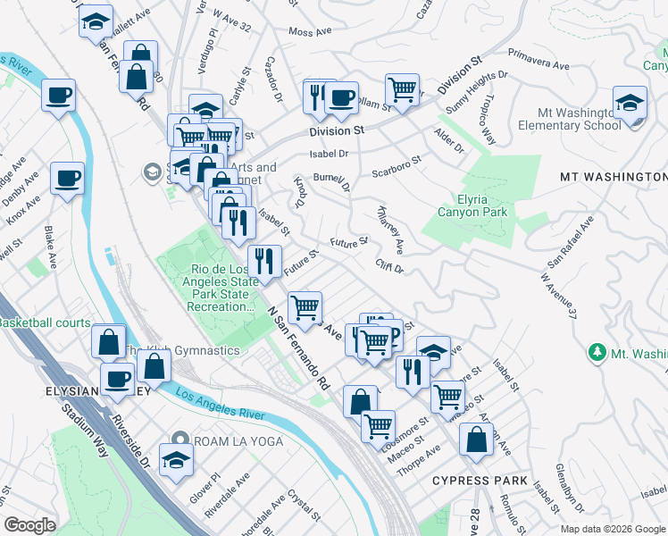 map of restaurants, bars, coffee shops, grocery stores, and more near 1585 Isabel Street in Los Angeles