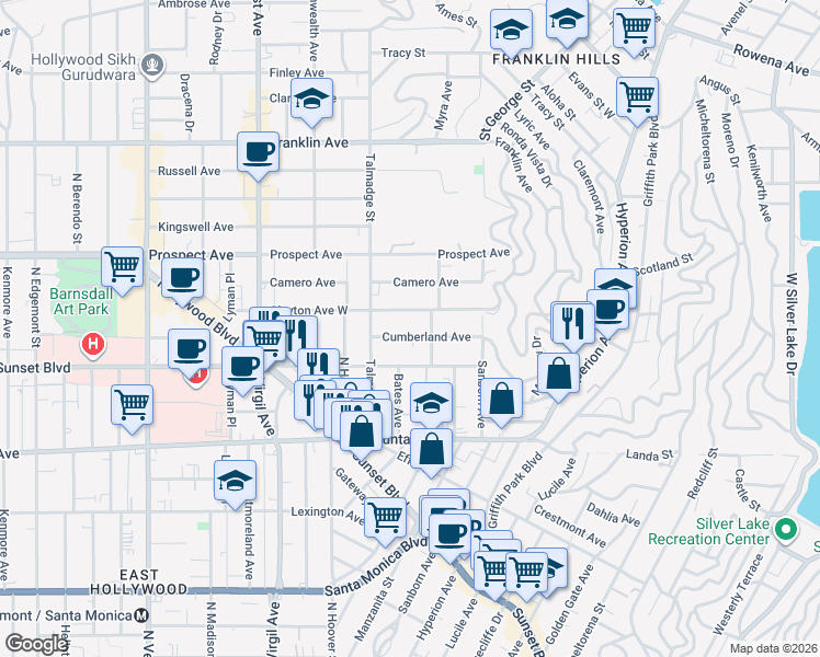 map of restaurants, bars, coffee shops, grocery stores, and more near 4107 Cumberland Avenue in Los Angeles