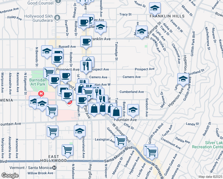 map of restaurants, bars, coffee shops, grocery stores, and more near 1542 North Hoover Street in Los Angeles