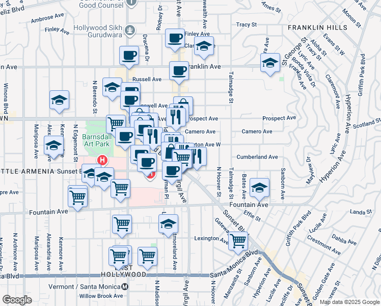 map of restaurants, bars, coffee shops, grocery stores, and more near 1550 Hillhurst Avenue in Los Angeles