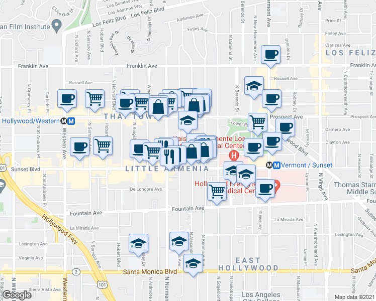 map of restaurants, bars, coffee shops, grocery stores, and more near 1542 North Mariposa Avenue in Los Angeles