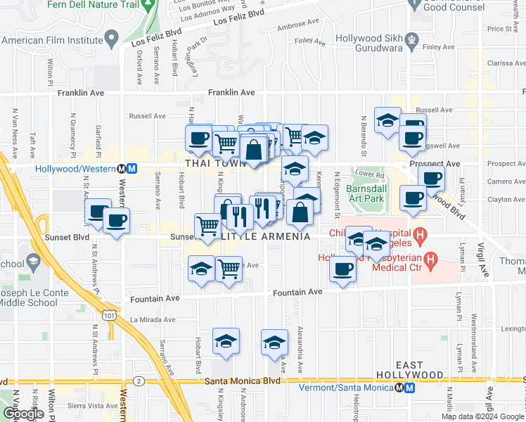 map of restaurants, bars, coffee shops, grocery stores, and more near 1533 North Normandie Avenue in Los Angeles