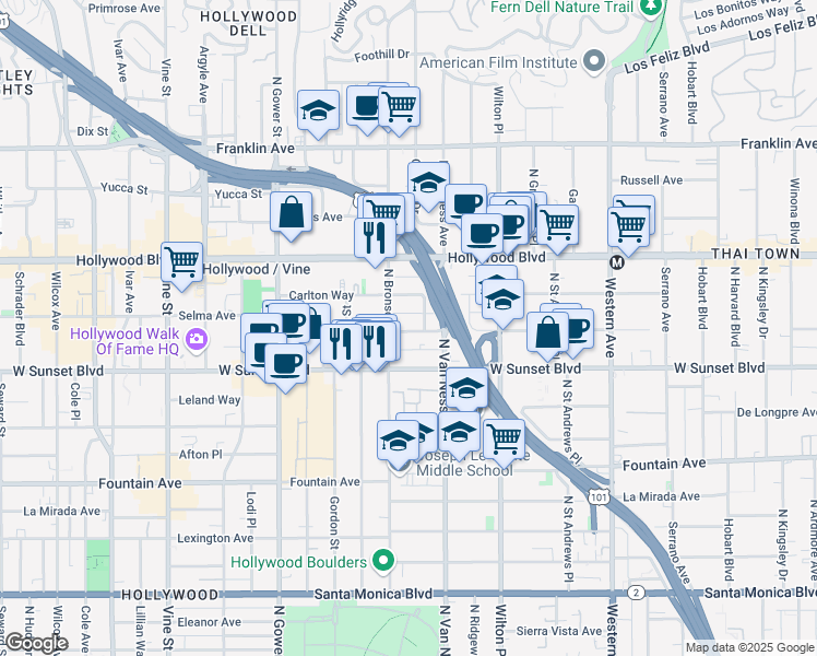 map of restaurants, bars, coffee shops, grocery stores, and more near 5831 Harold Way in Los Angeles