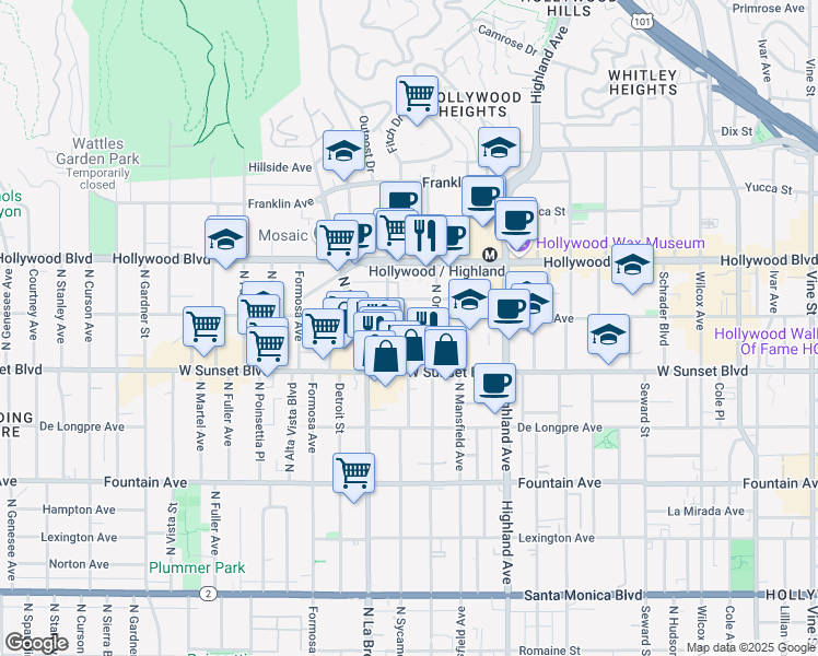 map of restaurants, bars, coffee shops, grocery stores, and more near 7027 Lanewood Avenue in Los Angeles