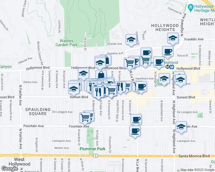 map of restaurants, bars, coffee shops, grocery stores, and more near 1550 North Fuller Avenue in Los Angeles