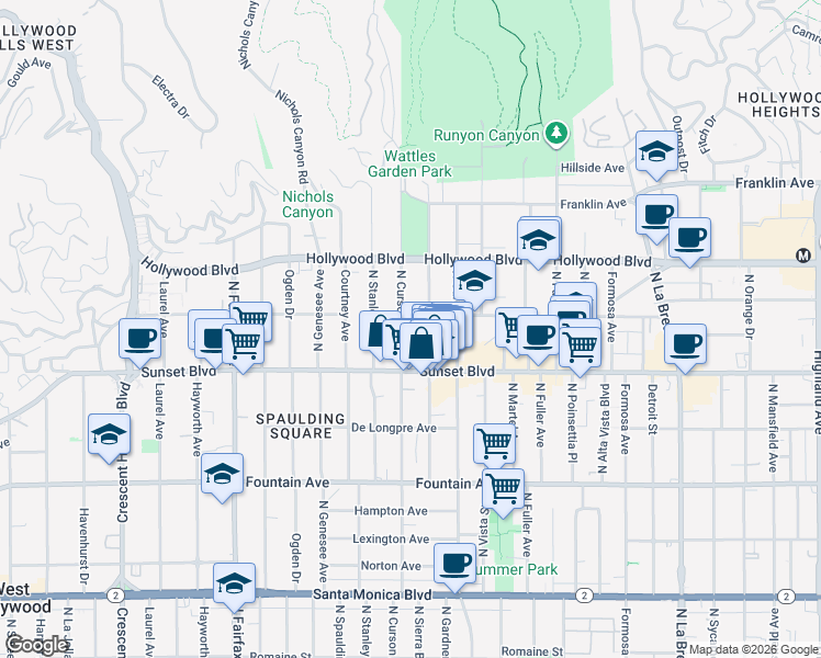 map of restaurants, bars, coffee shops, grocery stores, and more near 1547 North Sierra Bonita Avenue in Los Angeles
