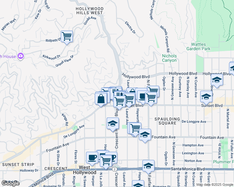 map of restaurants, bars, coffee shops, grocery stores, and more near 1558 North Crescent Heights Boulevard in West Hollywood