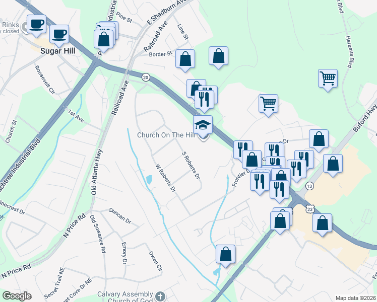 map of restaurants, bars, coffee shops, grocery stores, and more near 4571 South Roberts Drive in Sugar Hill