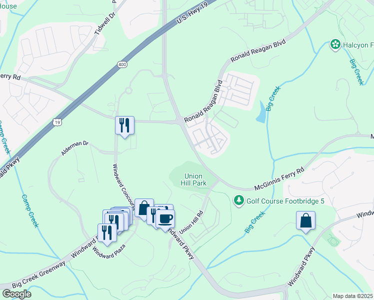map of restaurants, bars, coffee shops, grocery stores, and more near 4225 McGinnis Ferry Road in Alpharetta