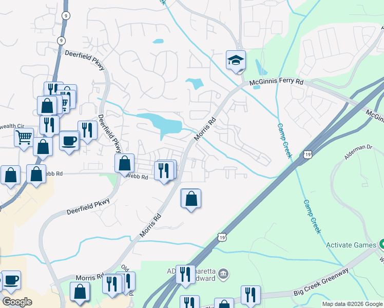 map of restaurants, bars, coffee shops, grocery stores, and more near 1035 Winthrope Park Drive in Alpharetta