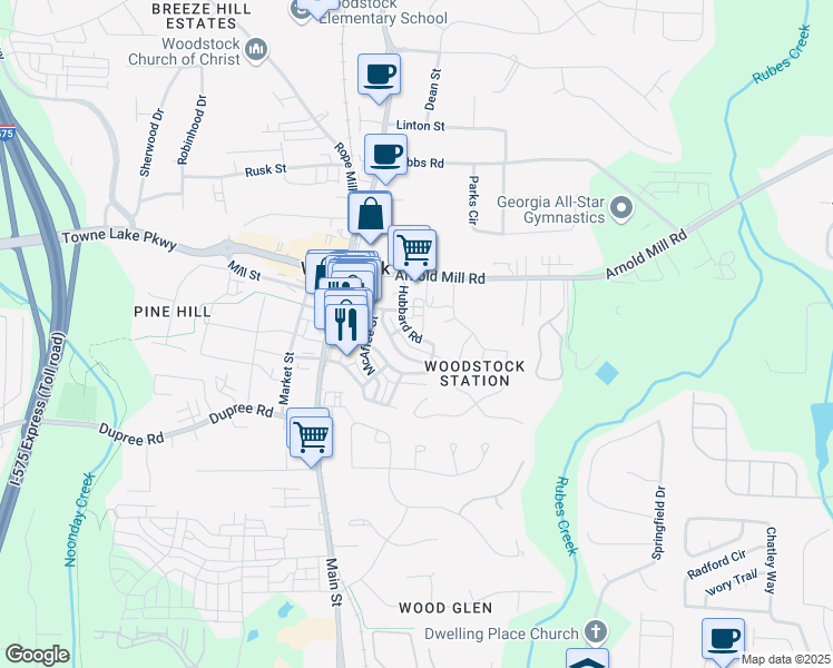 map of restaurants, bars, coffee shops, grocery stores, and more near 703 Hammond Drive in Woodstock