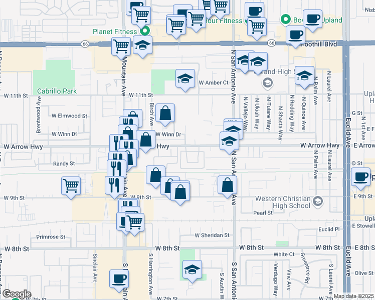 map of restaurants, bars, coffee shops, grocery stores, and more near 960 West Arrow Highway in Upland