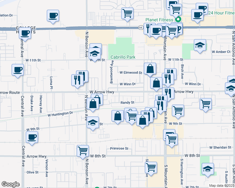 map of restaurants, bars, coffee shops, grocery stores, and more near 1444 West Arrow Highway in Upland