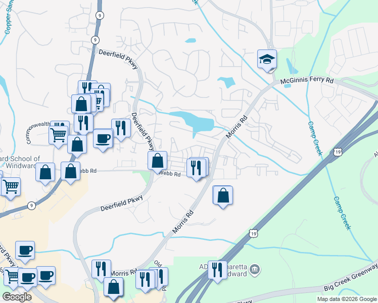 map of restaurants, bars, coffee shops, grocery stores, and more near 844 Ivy Vine Way in Alpharetta