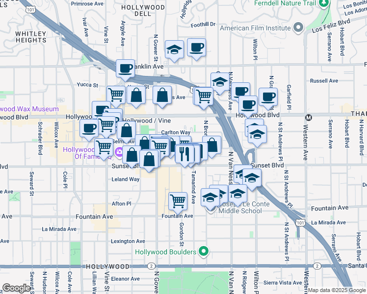 map of restaurants, bars, coffee shops, grocery stores, and more near 1545 Gordon Street in Los Angeles