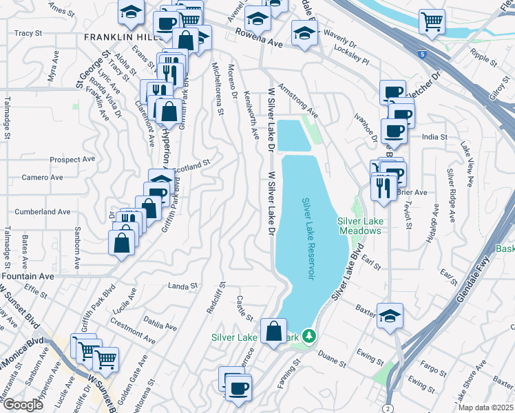 map of restaurants, bars, coffee shops, grocery stores, and more near 2204 Moreno Drive in Los Angeles