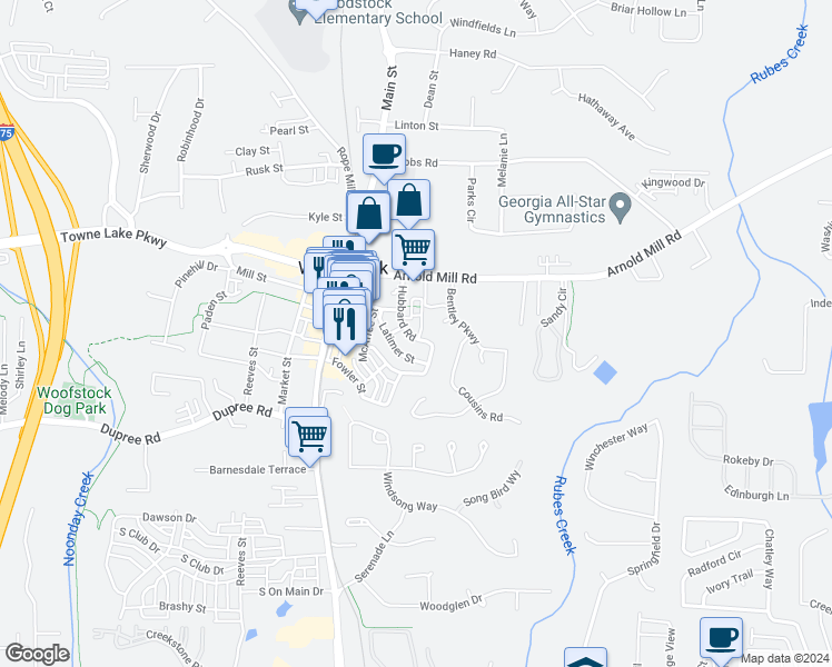 map of restaurants, bars, coffee shops, grocery stores, and more near 703 Hammond Drive in Woodstock