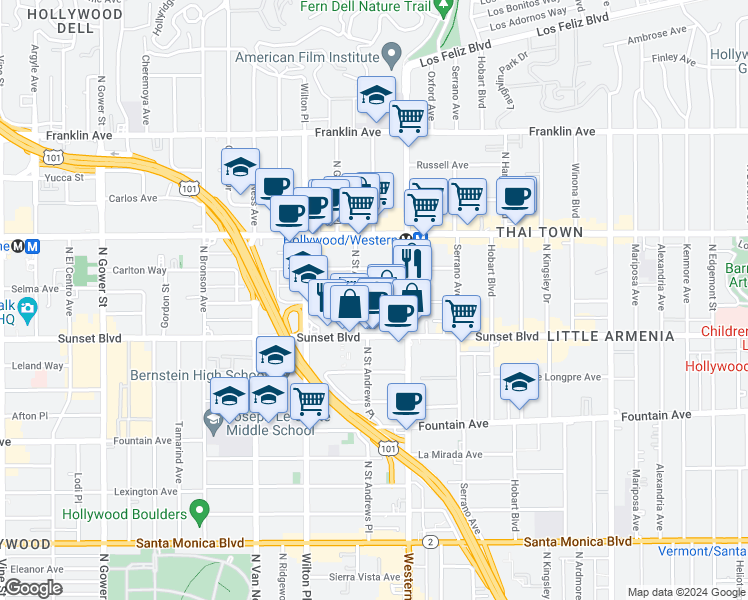 map of restaurants, bars, coffee shops, grocery stores, and more near 5533 Harold Way in Los Angeles