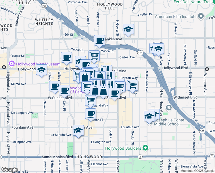 map of restaurants, bars, coffee shops, grocery stores, and more near 1559 North El Centro Avenue in Los Angeles
