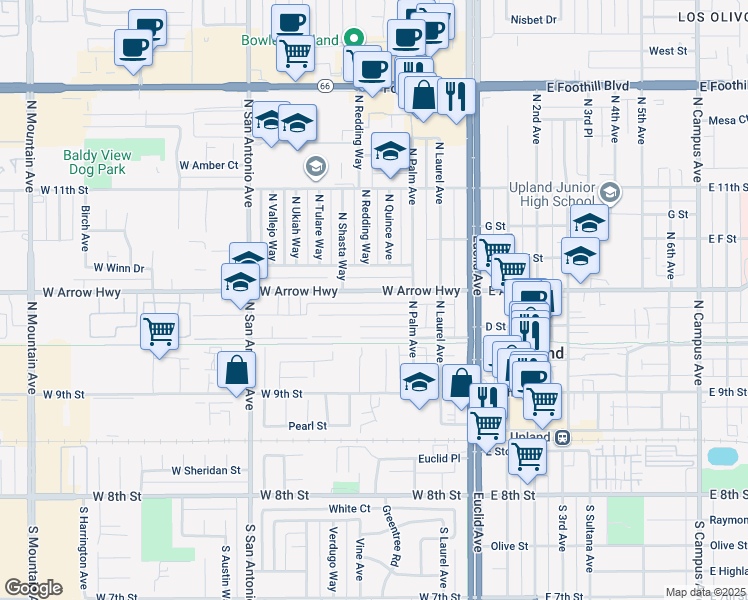 map of restaurants, bars, coffee shops, grocery stores, and more near 344 West Arrow Highway in Upland